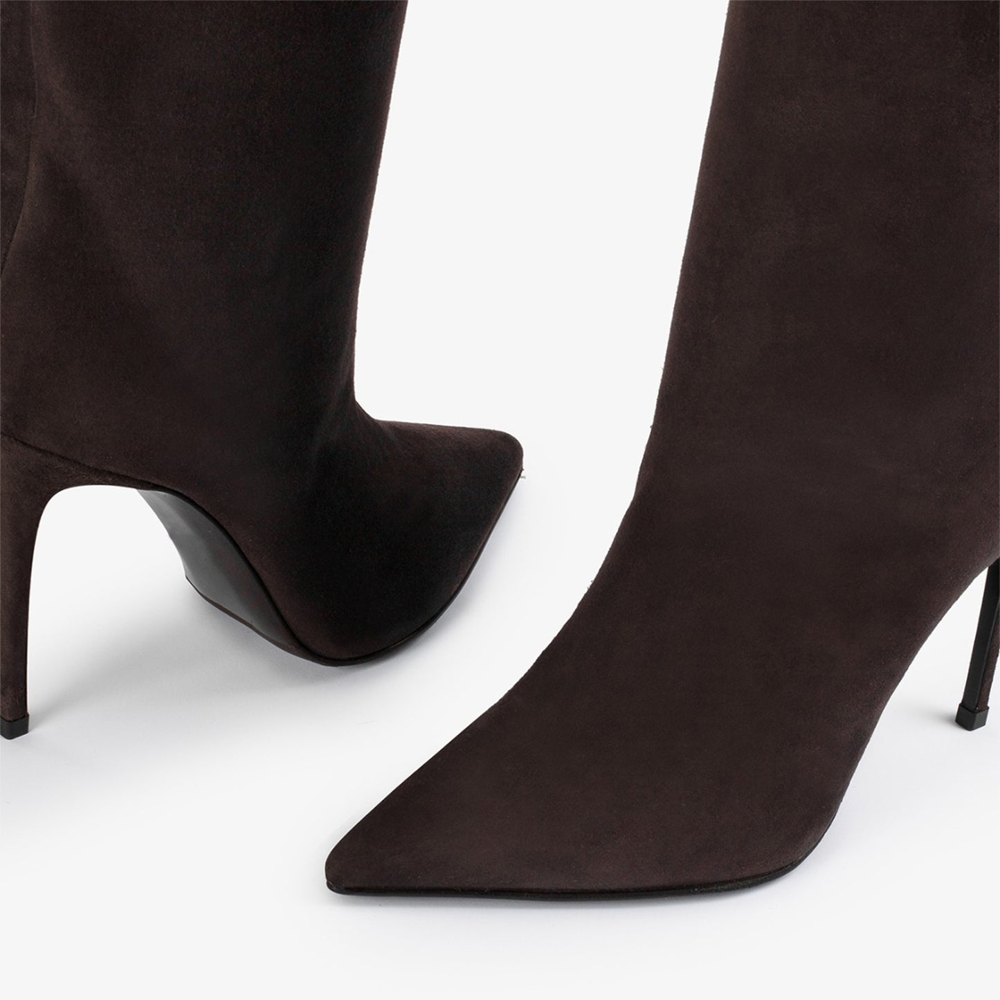 Brown Faux Suede Pointed-Toe Simple Wide Calf Knee High Tall Stiletto Boots