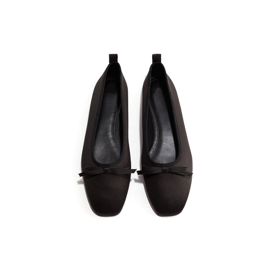 Black Satin Square-Toe Classic Ballet Flats With Front Bow