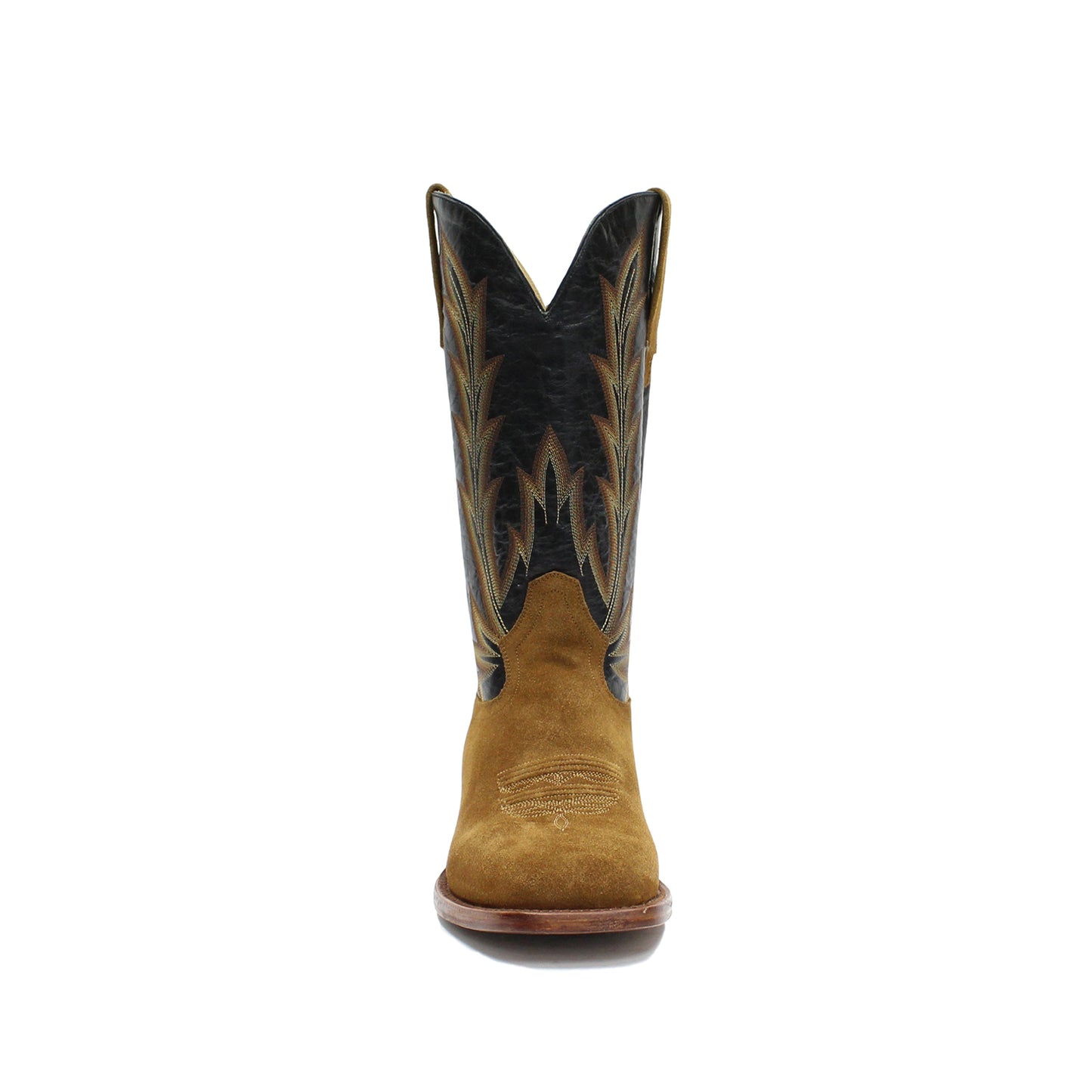 Contrast Black And Brown Square-Toe Embroidery Mid Calf Cowgirl Boots