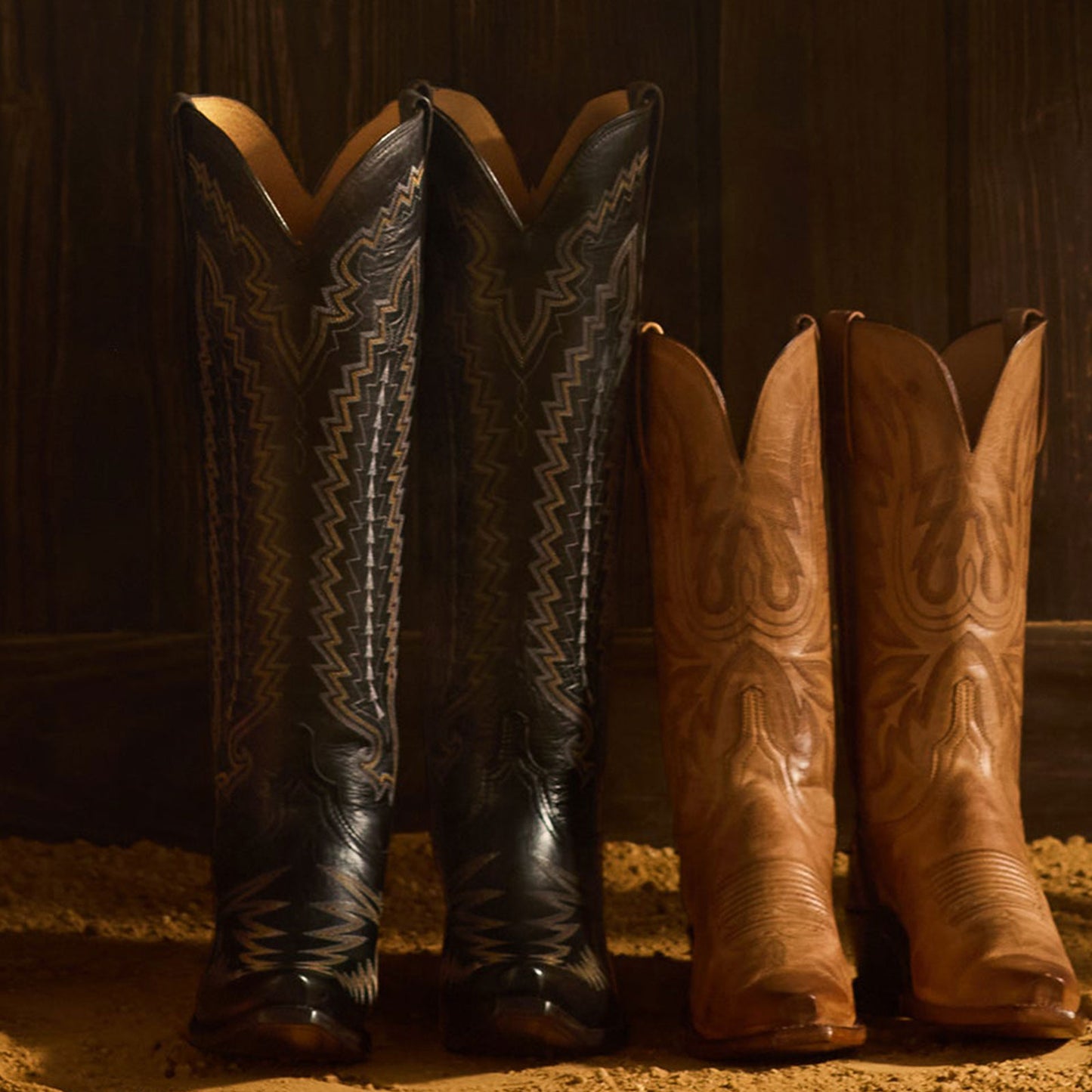 Black Snip-Toe Western Embroidery Wide Calf Chic Knee High Cowgirl Boots