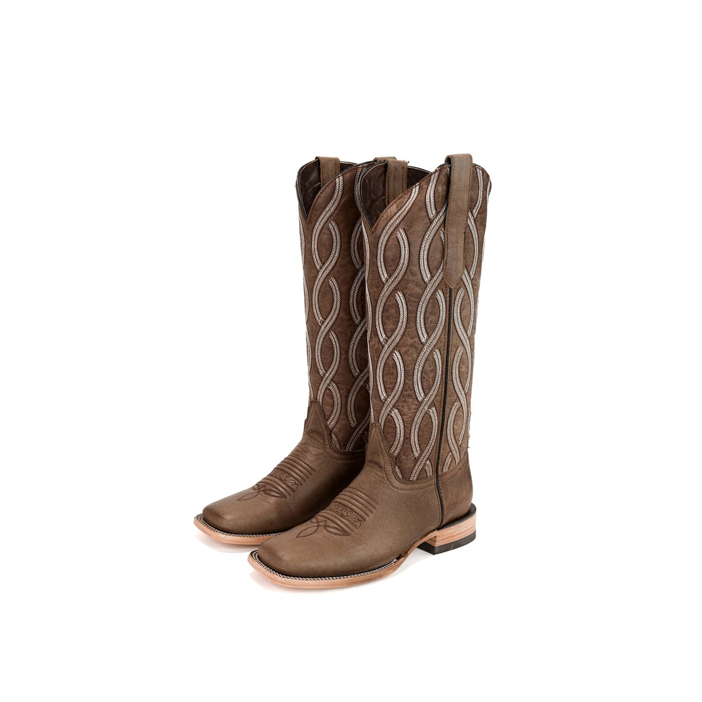 Brown Square-Toe Spiral Embroidery Wide Calf Knee High Cowgirl Boots