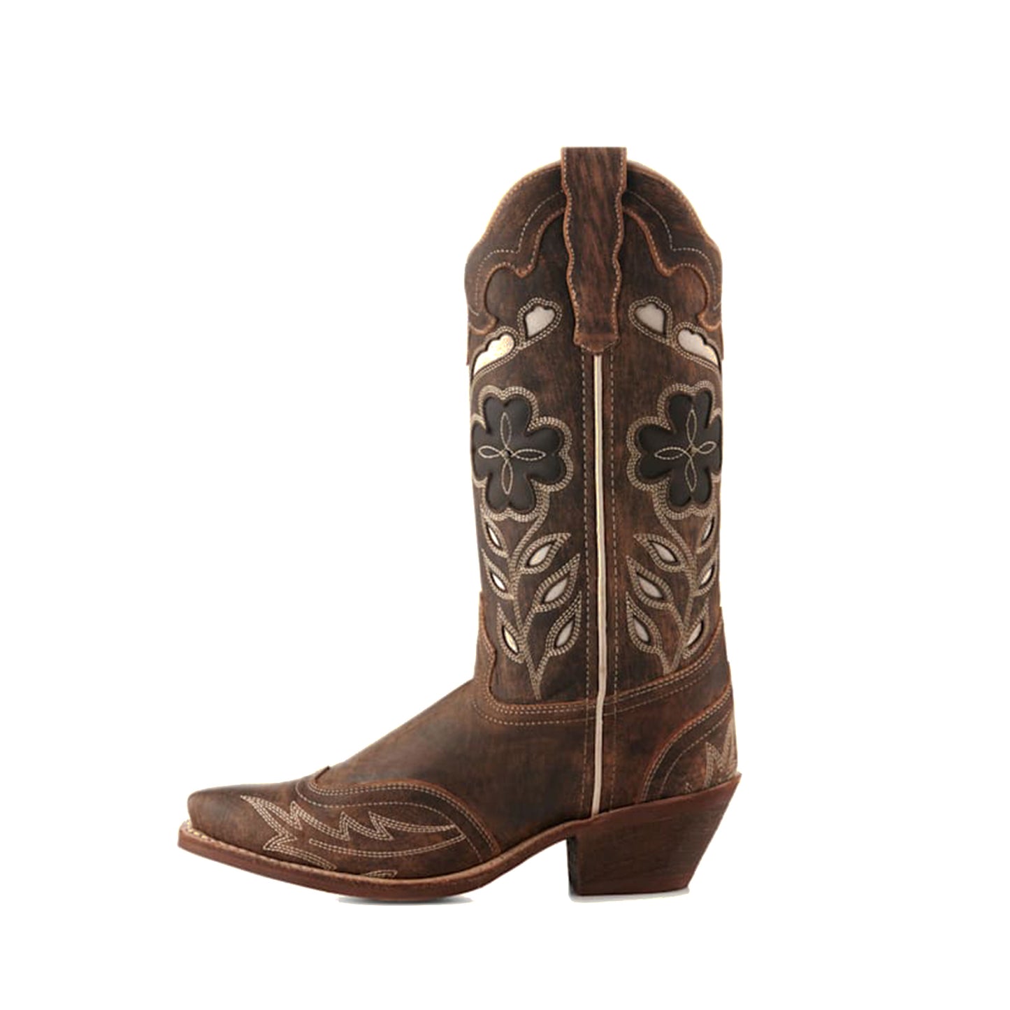 Distressed Brown Snip-Toe Flower Inlay Mid Calf Cowgirl Boots