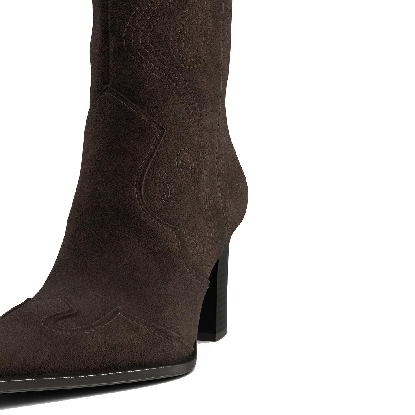 Brown Faux Suede Pointed-Toe Chic Stitch Wide Calf Knee High Cowgirl Boots