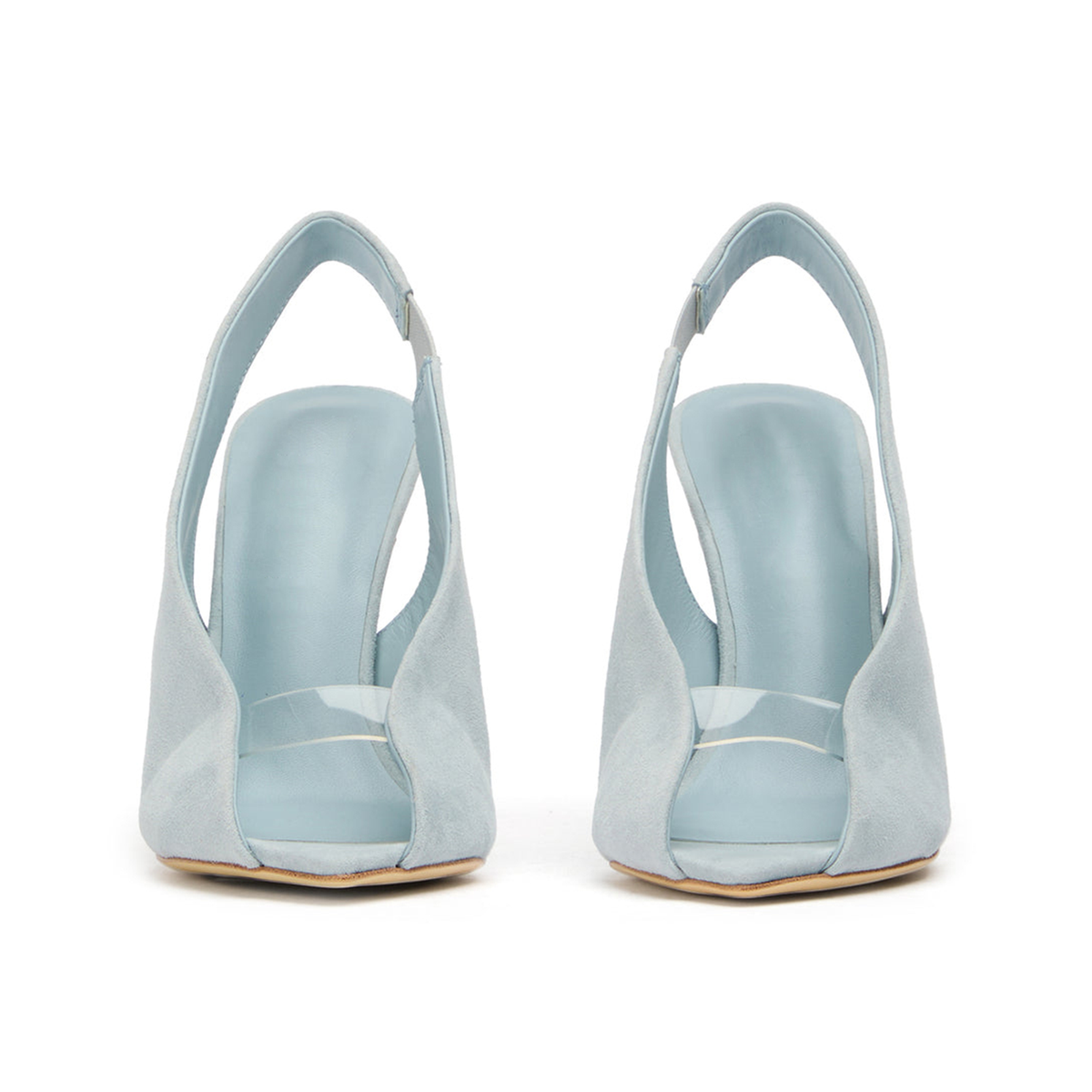 Blue Faux Suede Pointed-Toe Front Transparent TPU Film Slingback High Heels