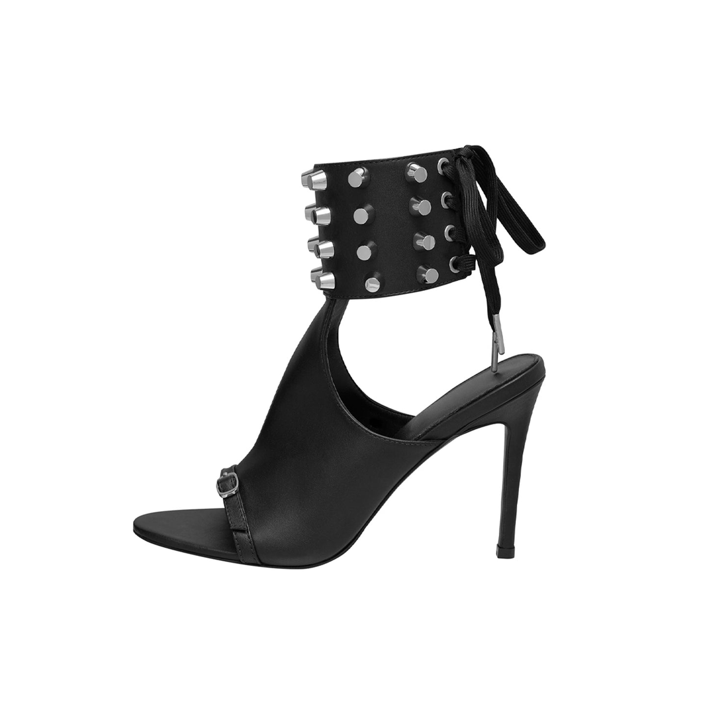 Black Open Round-Toe Studded Thick Ankle Strap With Lace-Up High Heels