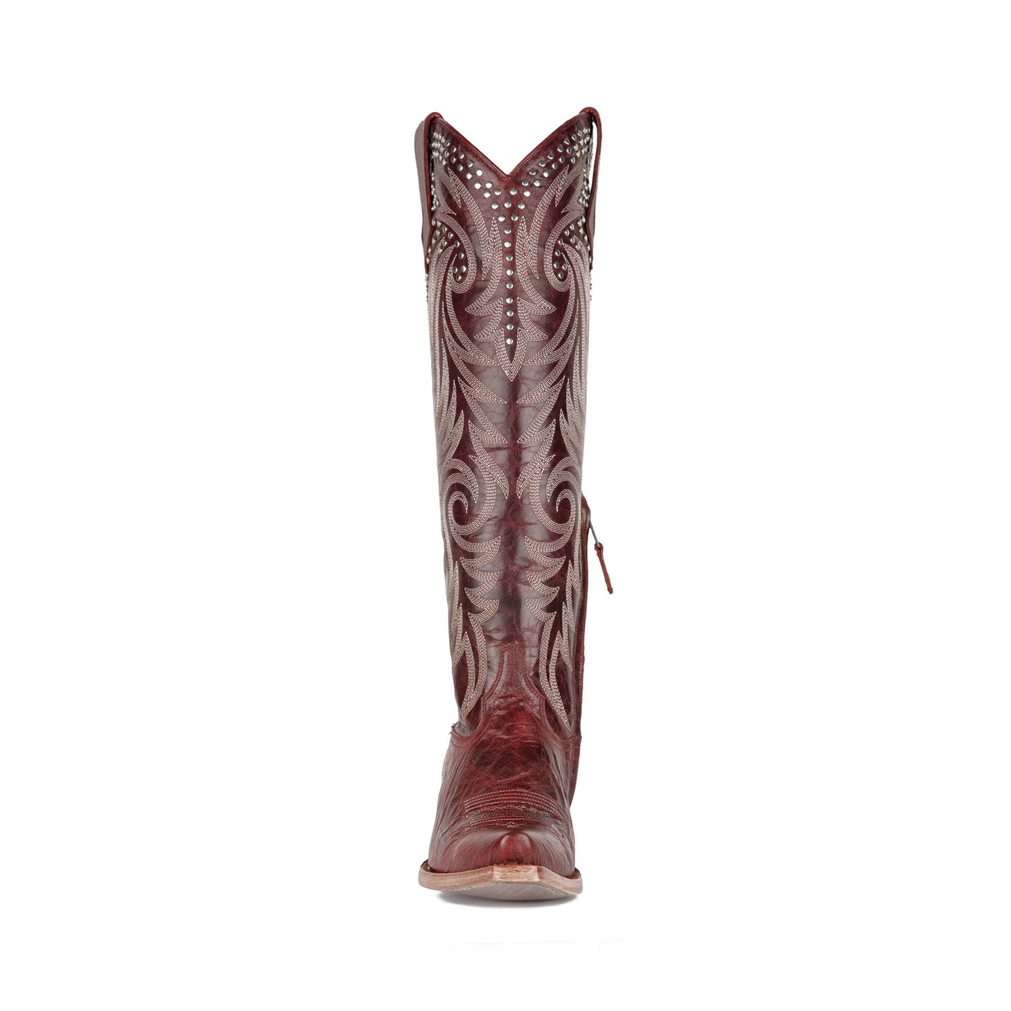 Dark Red Snip-Toe Studs And Embroidery Classic Half-Zip Knee High Cowgirl Boots