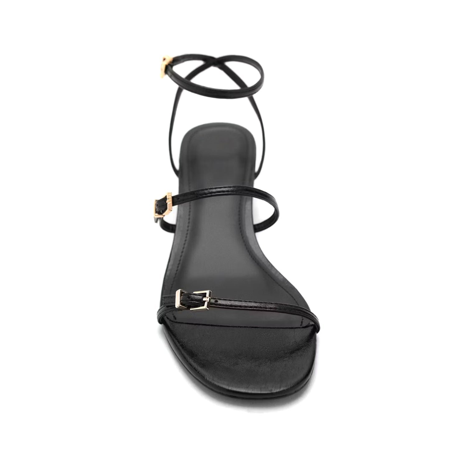 Black Square-Toe Double Straps And Ankle Strap Kitten Heels