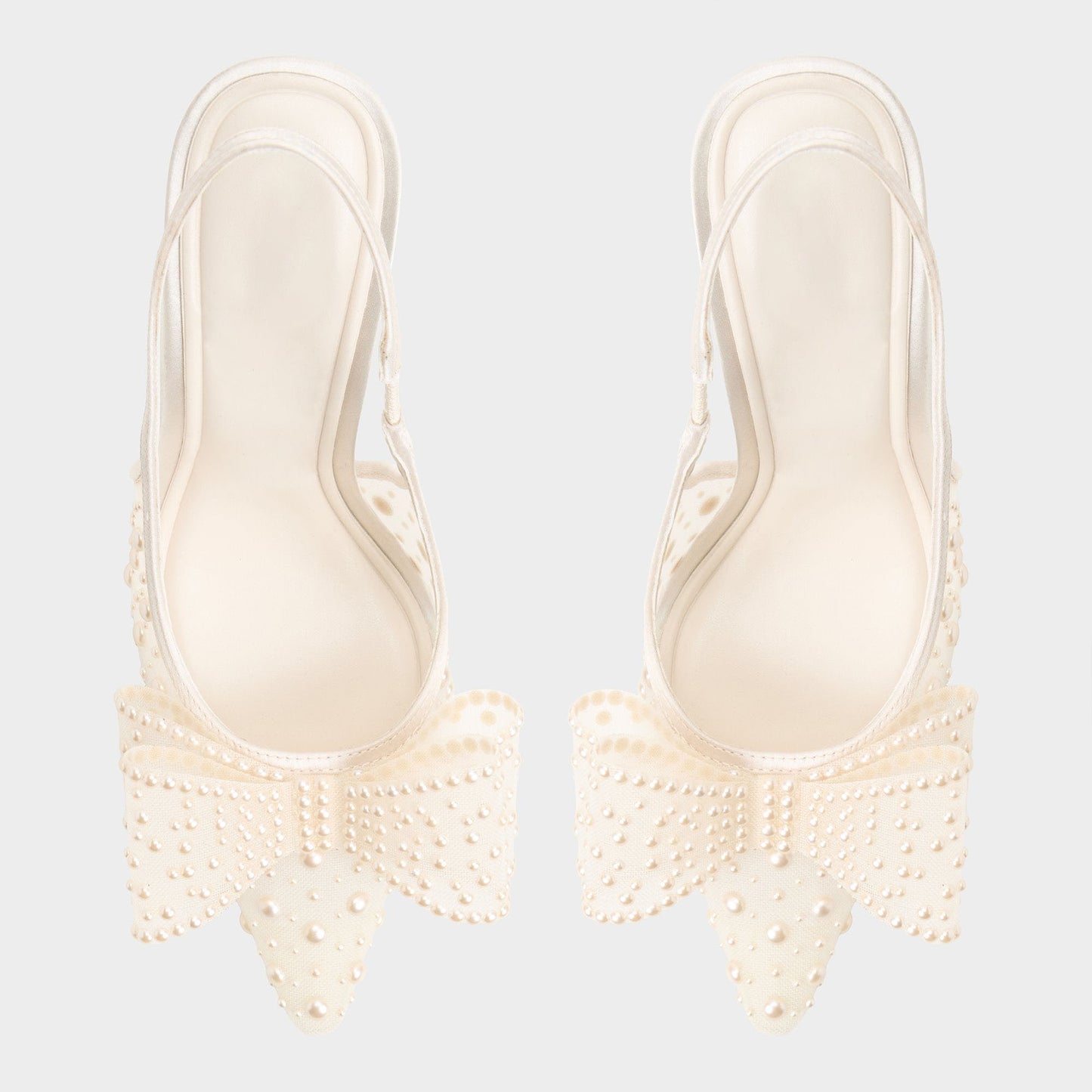 Ivory Satin And Mesh Pointed-Toe Full Pearl And Front Bow Slingback High Heels