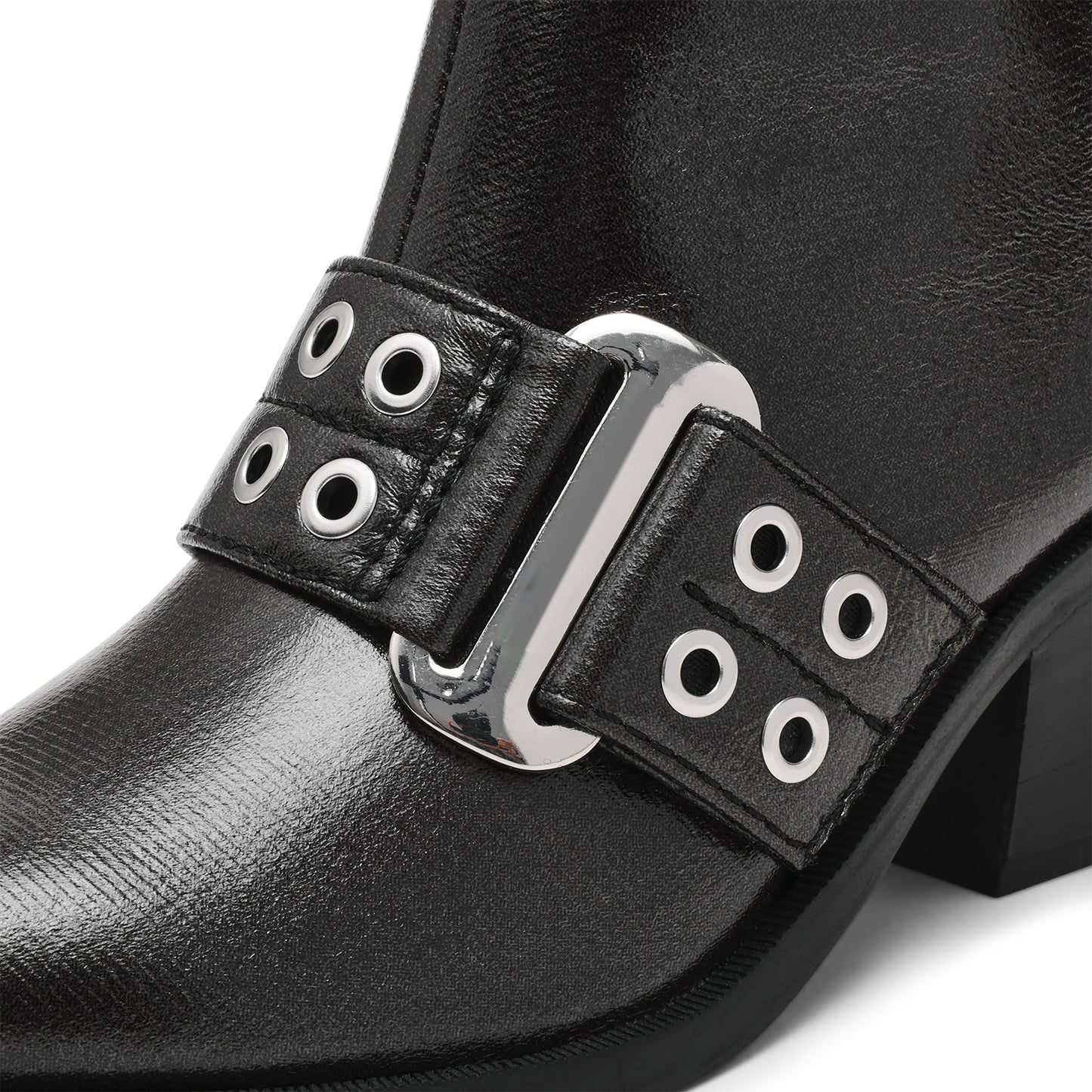 Black Pointed-Toe Full-Zip Buckle Straps With Eyelets Ankle Cowgirl Boots