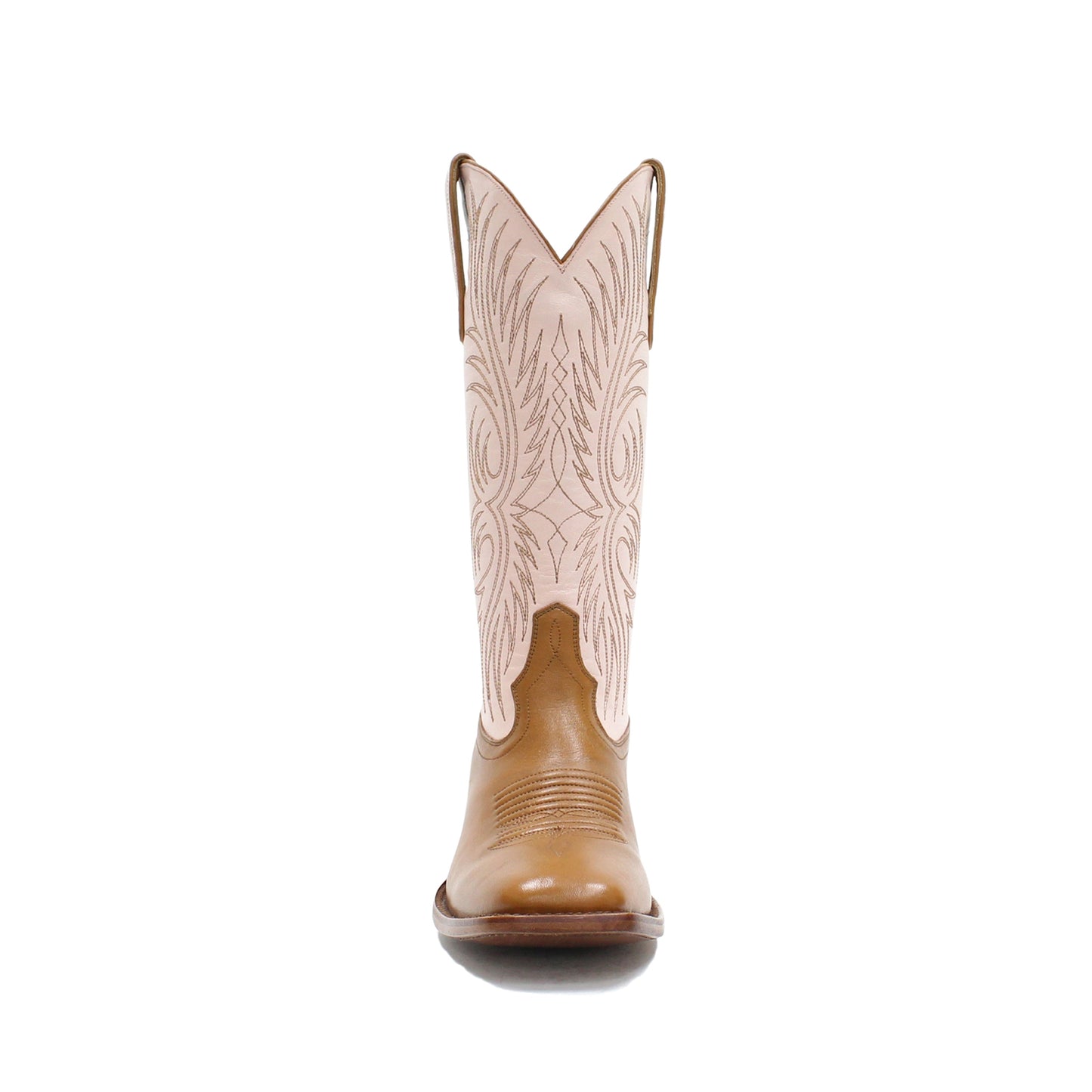 Contrast Ivory And Tan Square-Toe Embroidery Mid Calf Cowgirl Boots