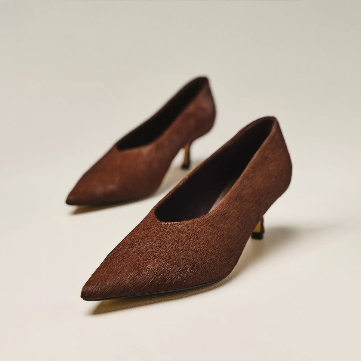 Brown Pony Hair Vegan Leather Pointed-Toe Slip-On Chic Kitten Heels