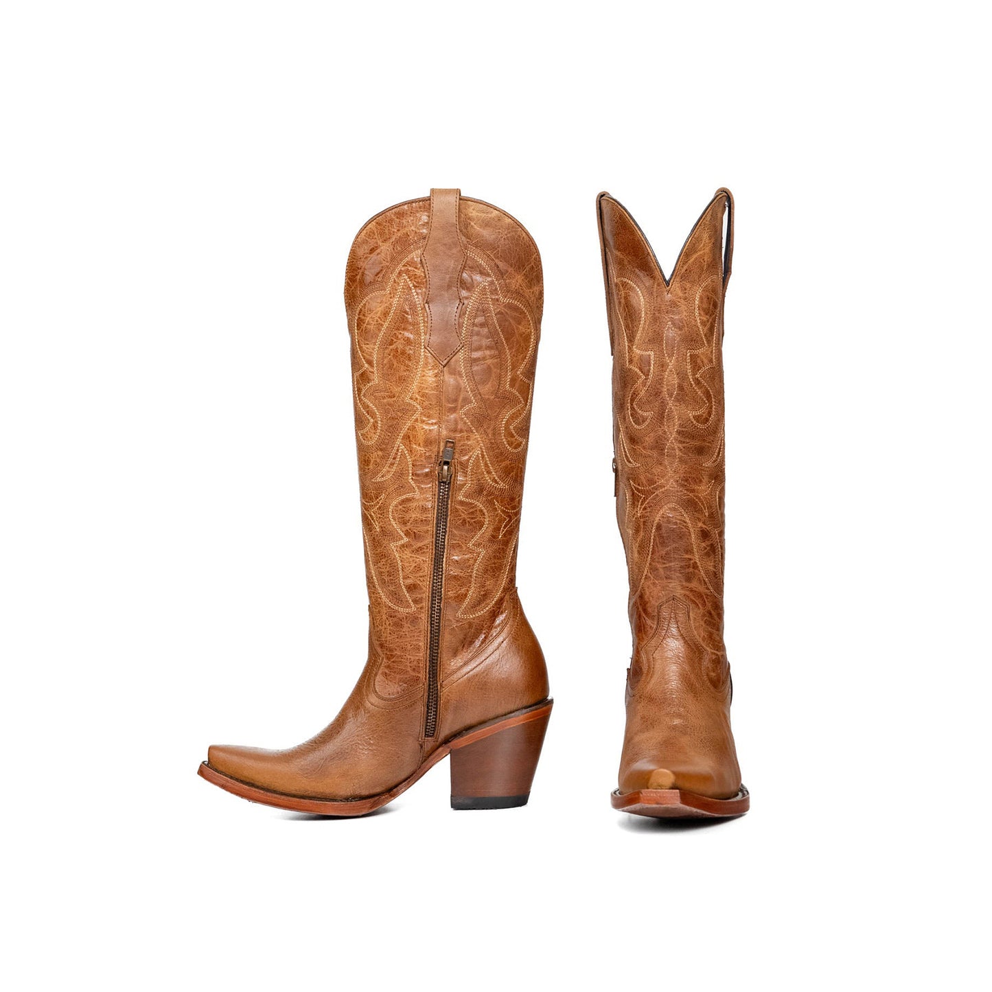 Distressed Light Brown Snip-Toe Embroidery Half-Zip Knee High Cowgirl Boots