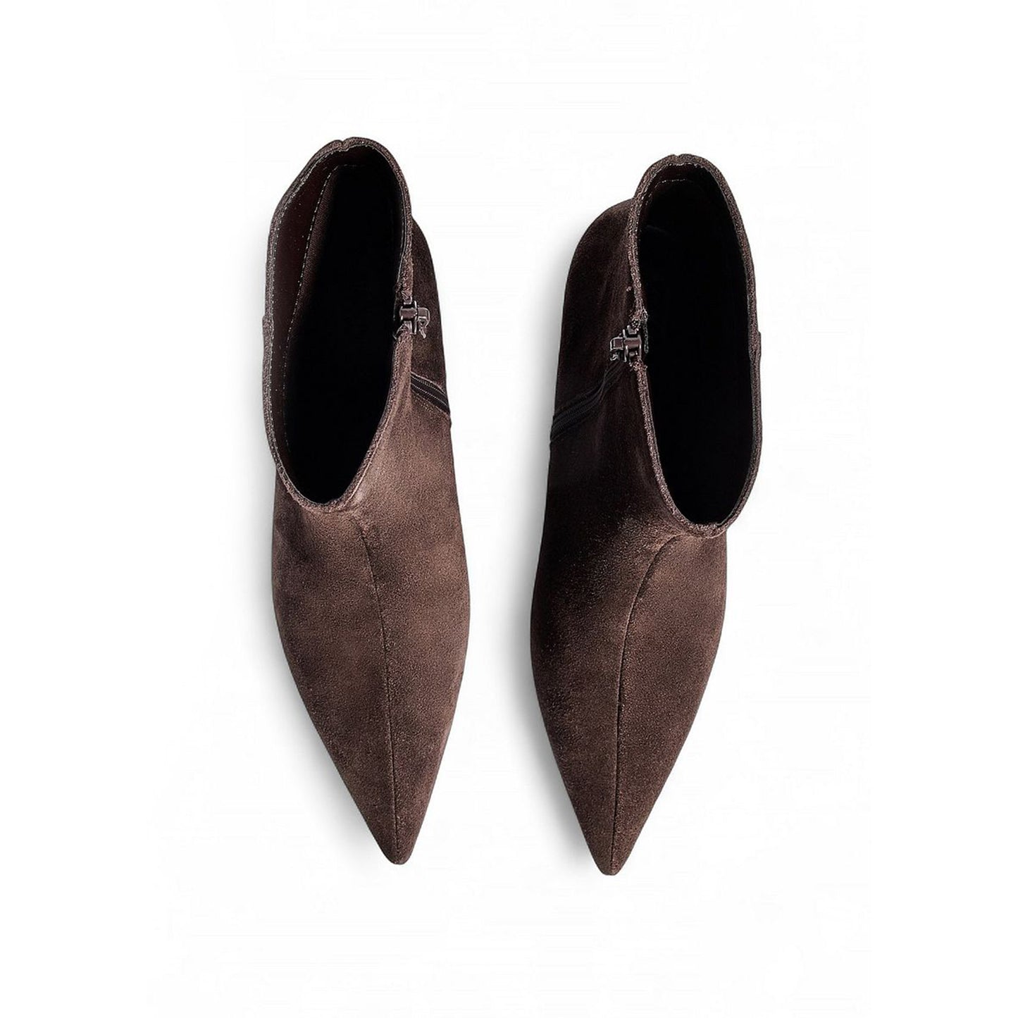 Dark Brown Faux Suede Pointed-Toe Full-Zip Ankle Stiletto Boots