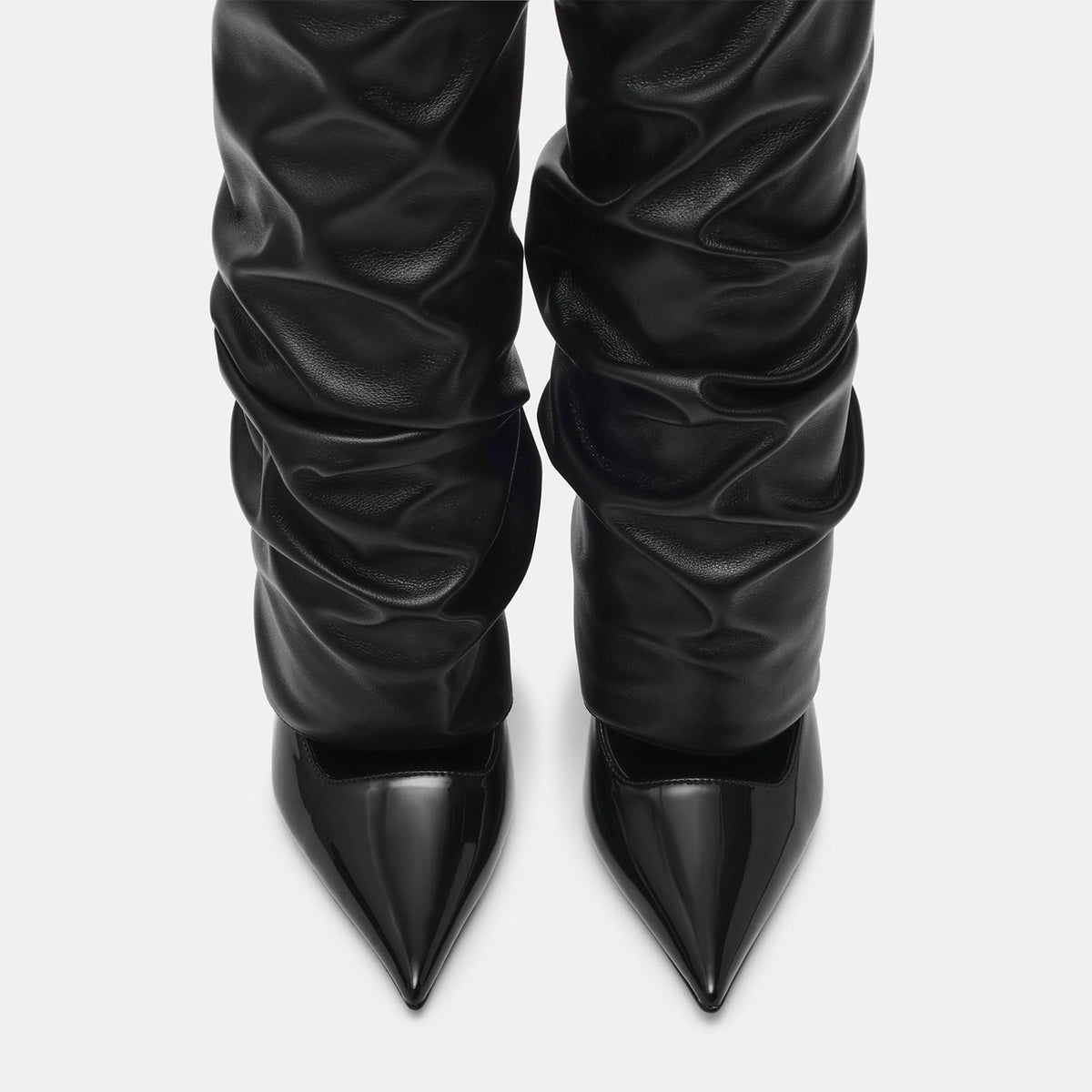 Black Vegan Leather Pointed-Toe Slip-On Mid Calf Stiletto Boots