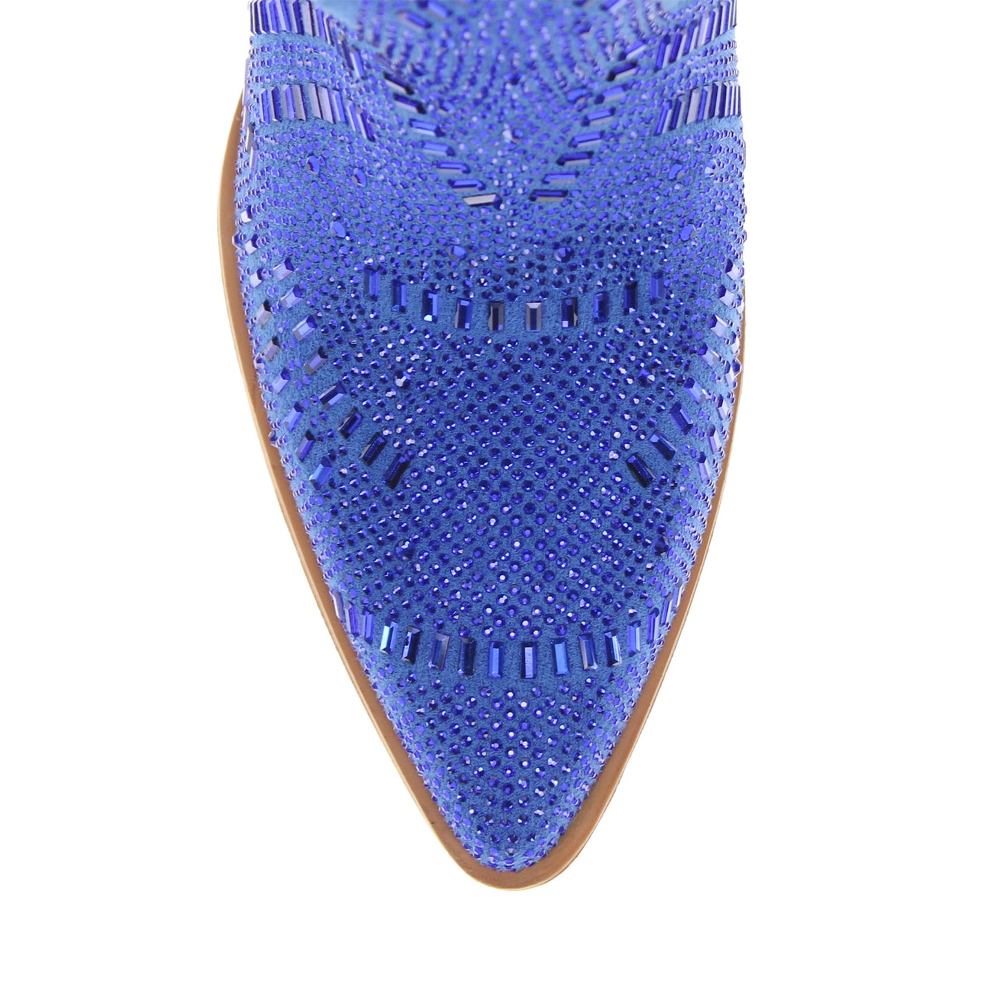 Blue Faux Suede Pointed-Toe Full Crystals Full-Zip Ankle Cowgirl Boots