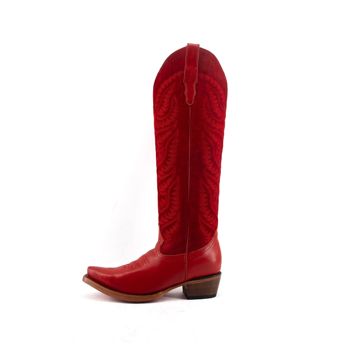 Red Contrast Faux Suede And Vegan Leather Snip-Toe Embroidery Half-Zip Knee High Cowgirl Boots