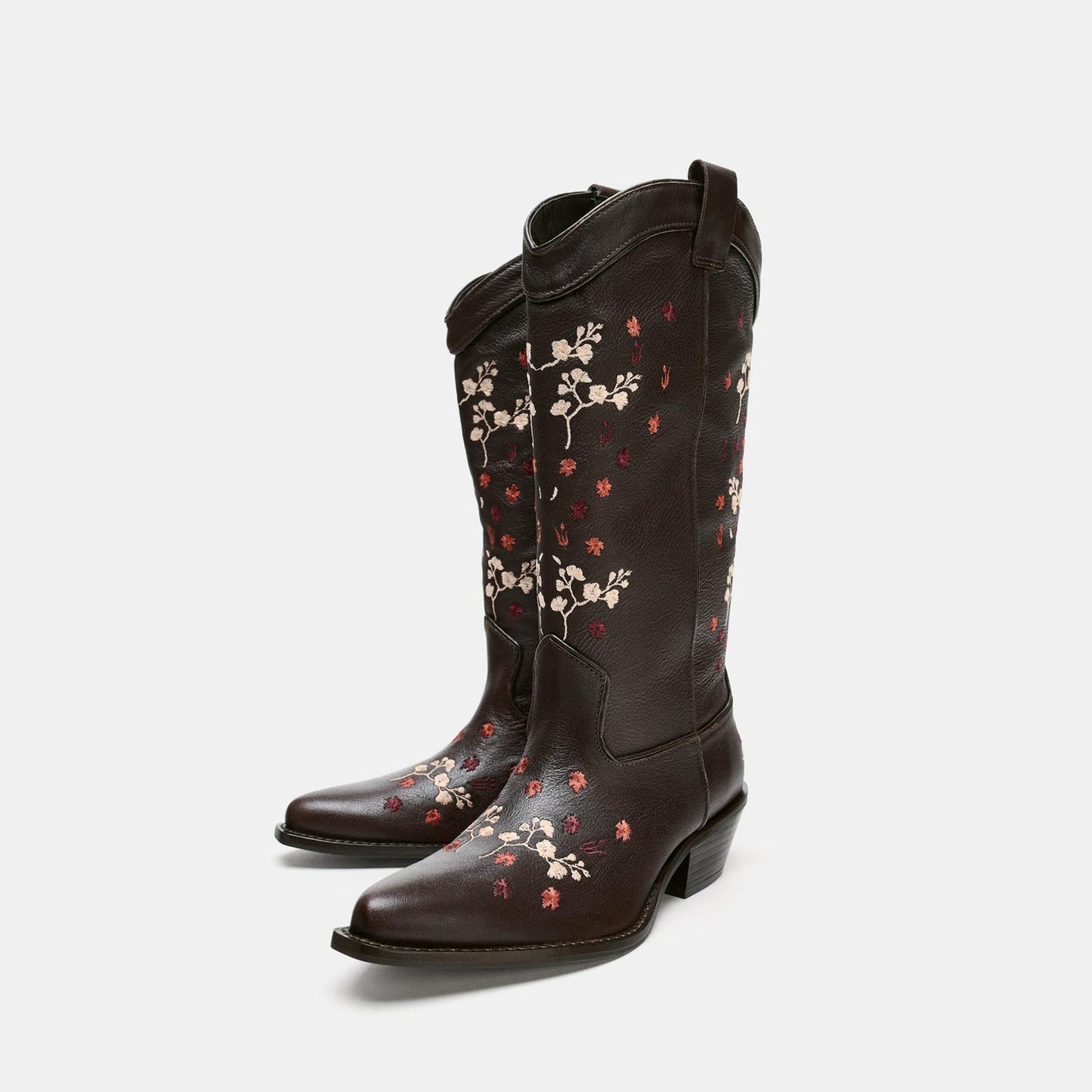 Brown Snip-Toe Plum Blossom Embroidery Mid Calf Chic Cowgirl Boots