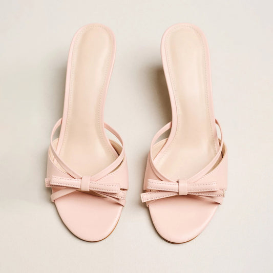 Pink Peep Round-Toe Front Knot Strappy Backless Chic Kitten Heels