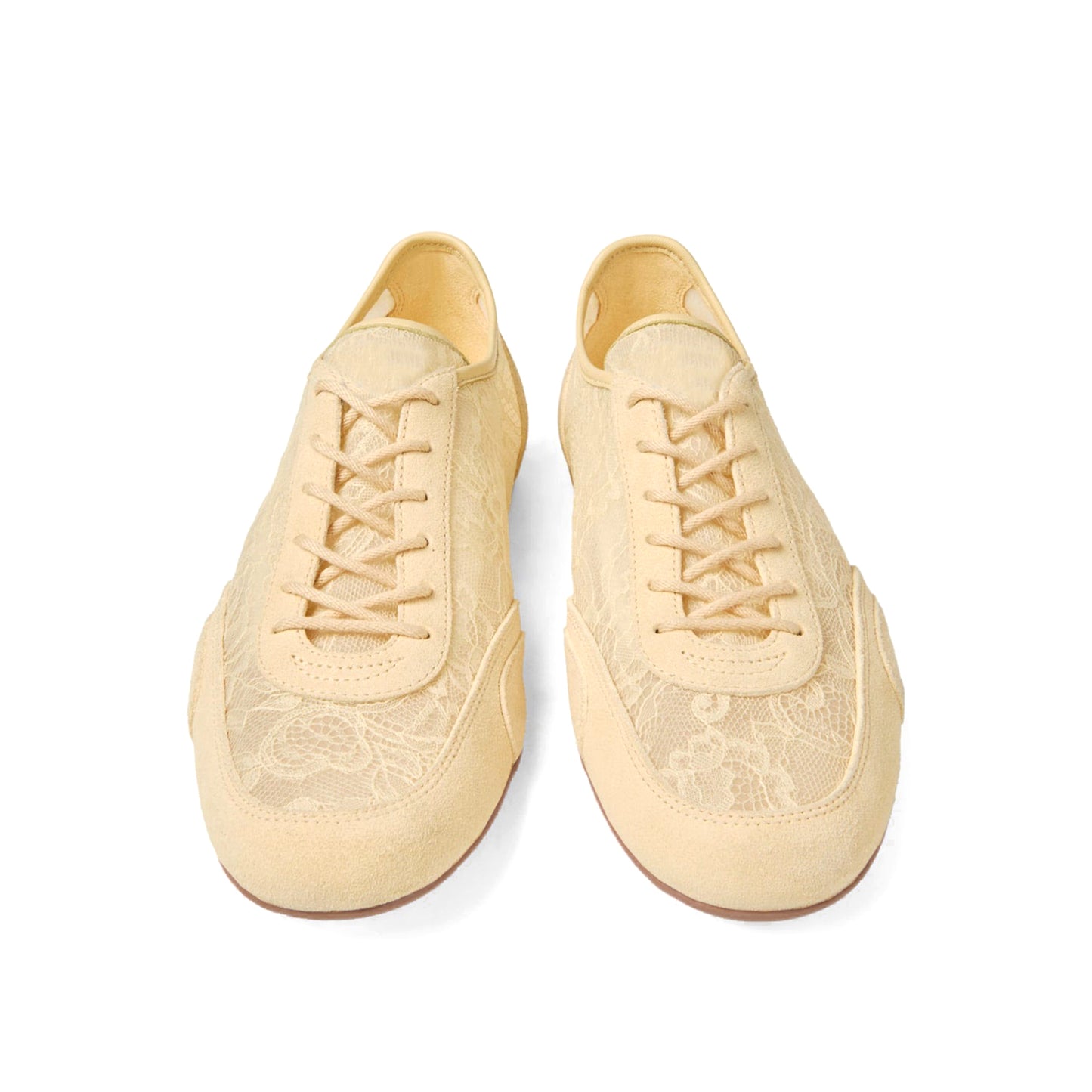 Yellow Faux Suede And Lace Mesh Round-Toe Lace-Up Sneakers Flats