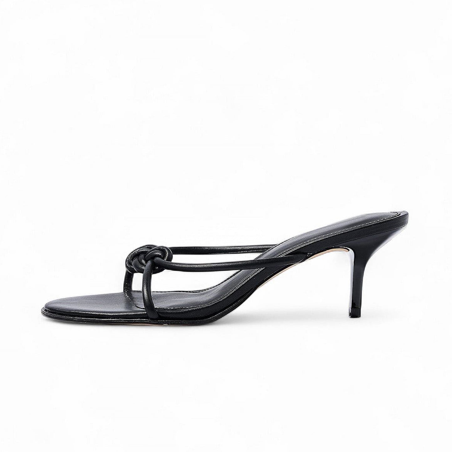 Black Round-Toe Front Knot Straps Backless Kitten Heels