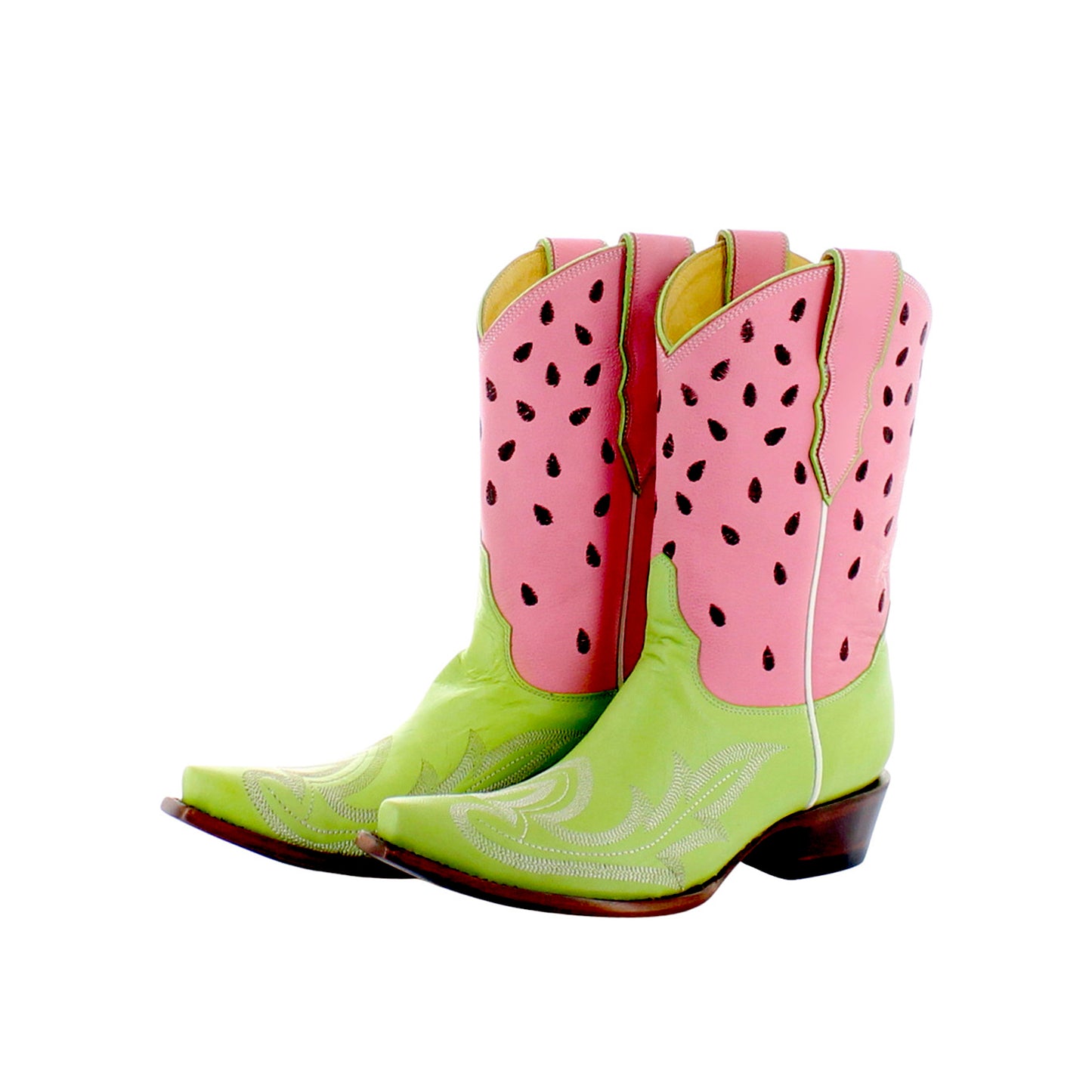 Contrast Pink And Green Snip-Toe Embroidery Watermelon Detail Mid Calf Cowgirl Boots