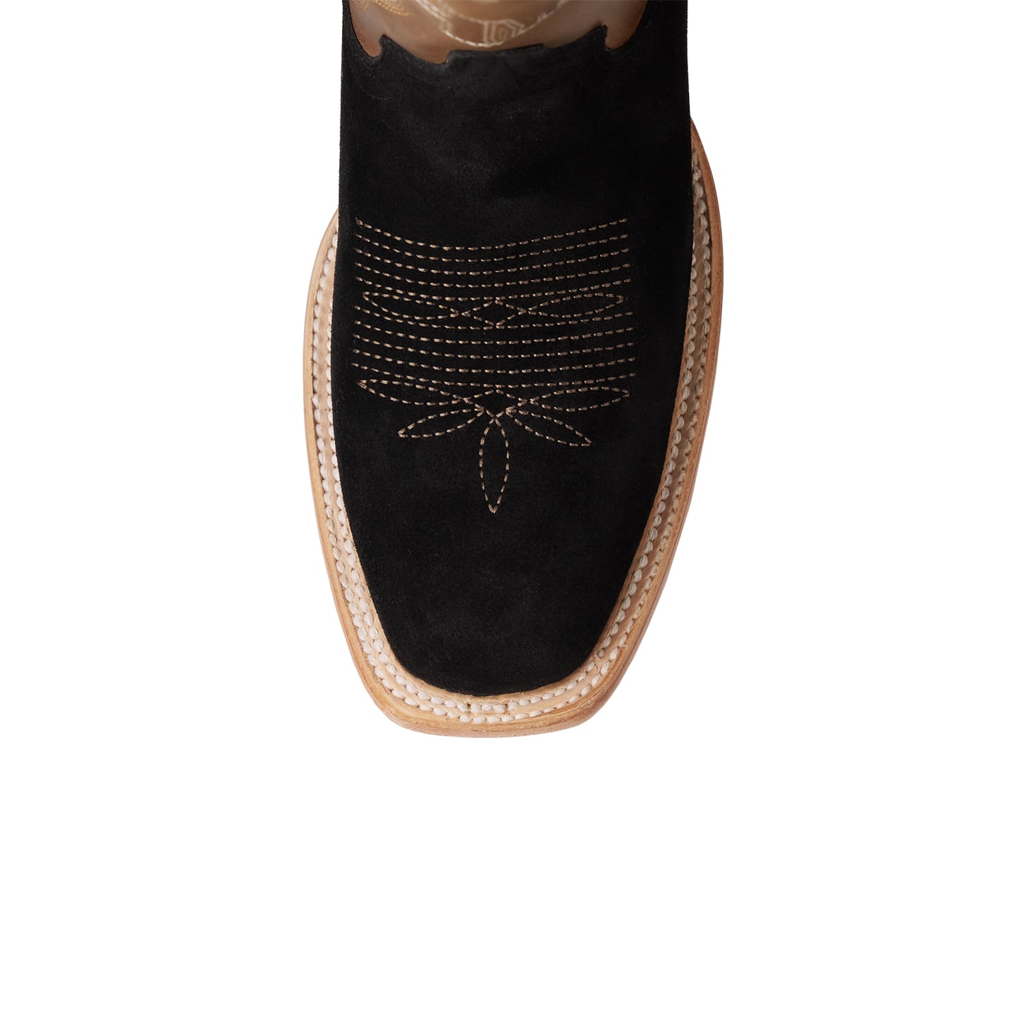 Contrast Brown And Black Faux Suede Square-Toe Chic Embroidery Mid Calf Cowgirl Boots