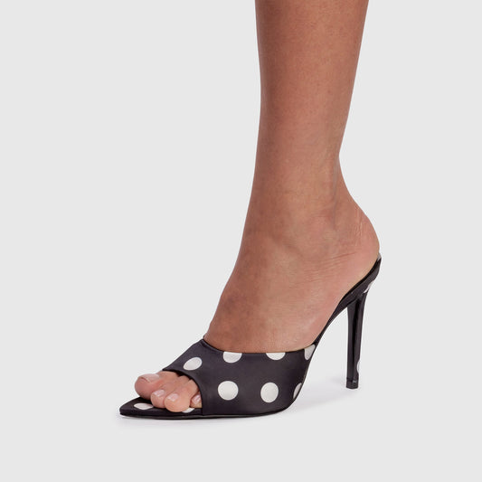 Black Satin Polka Dot Open Pointed-Toe Backless High Heels