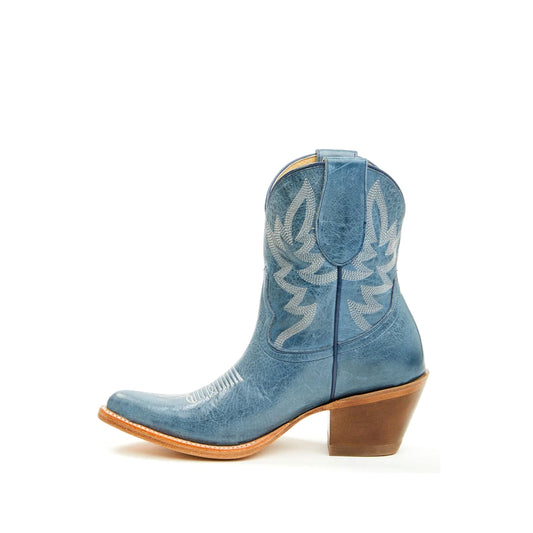 Distressed Navy Blue Almond-Toe Embroidery Ankle Cowgirl Boots