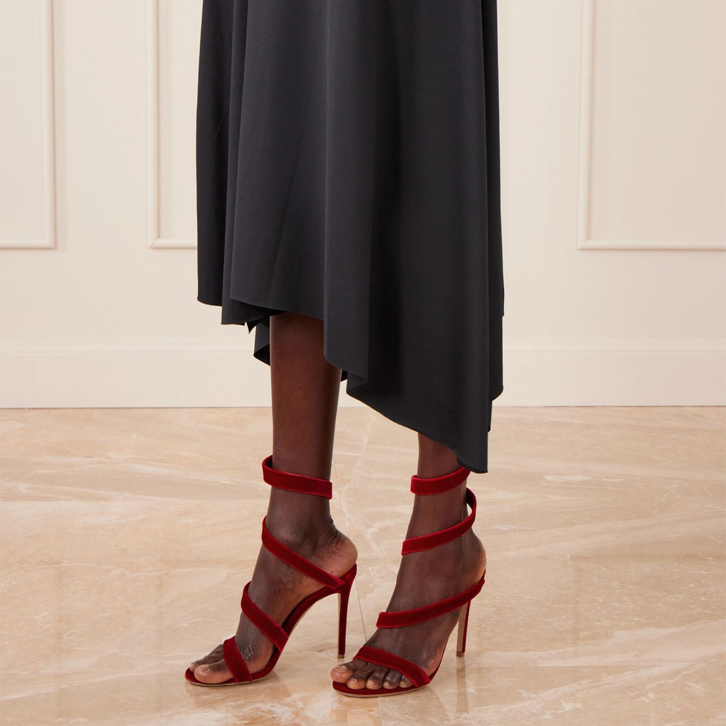 Red Velvet Round-Toe Spiral Ankle Straps Sandals High Heels