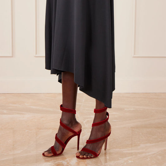 Red Velvet Round-Toe Spiral Ankle Straps Sandals High Heels