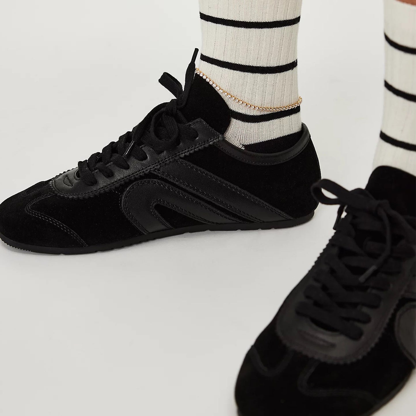 Black Faux Suede Square-Toe Lace-Up Sneakers Flats