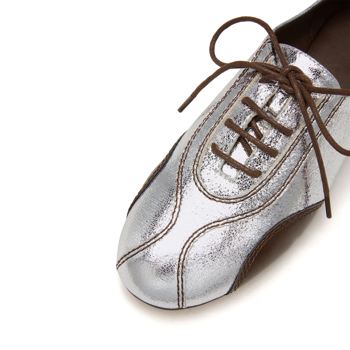 Metallic Silver Round-Toe Chic Lace-Up Flats Sneakers
