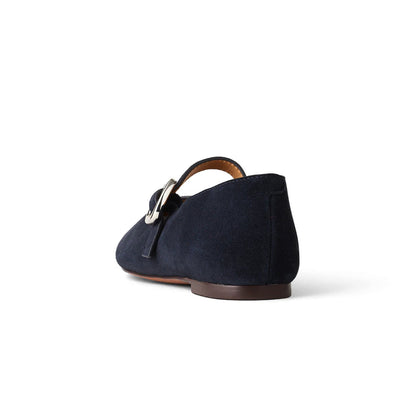 Dark Blue Faux Suede Round-Toe Buckle Bridge Strap Slip-On Flats