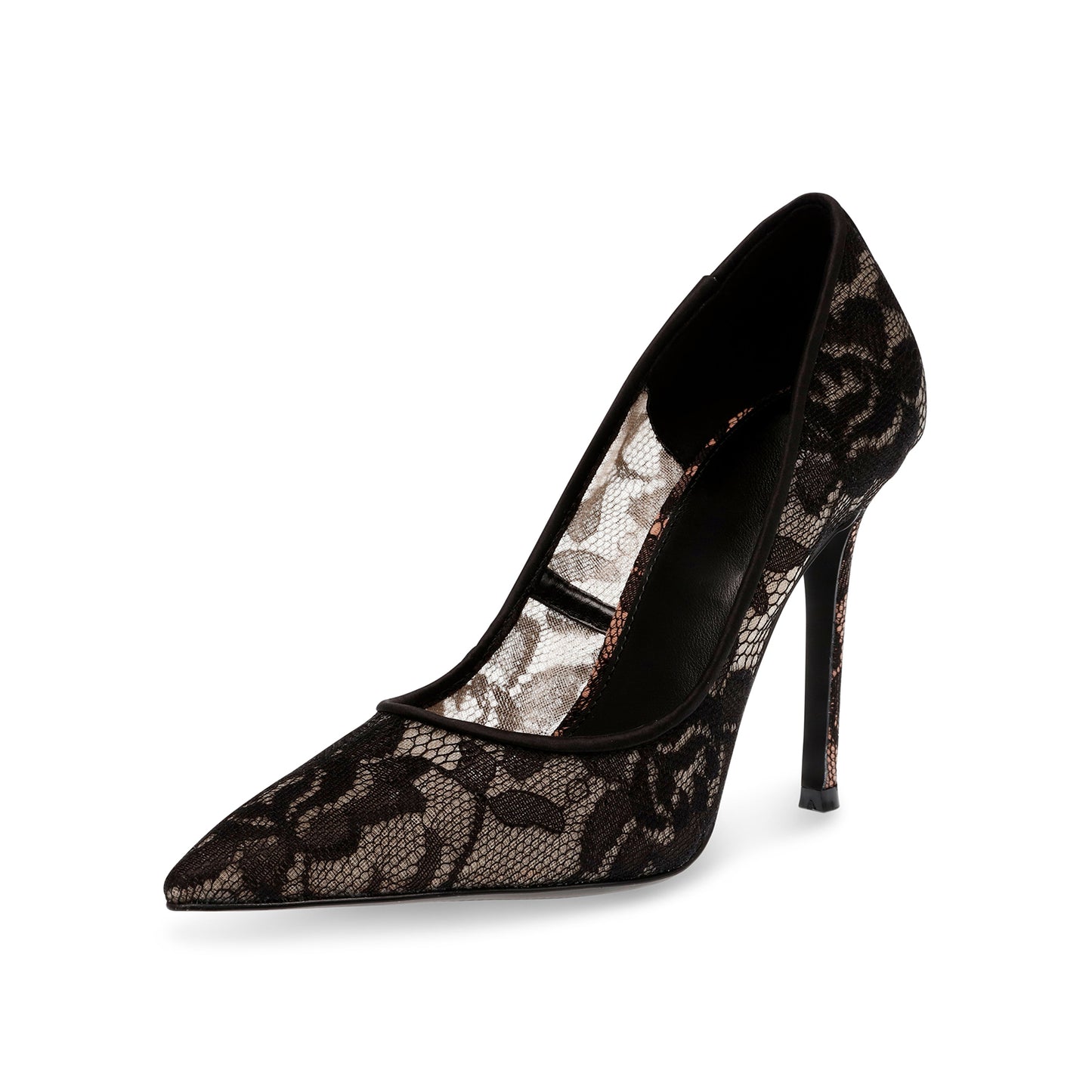 Black Lace Mesh And Satin Classic Pointed-Toe Slip-On High Heels Pumps
