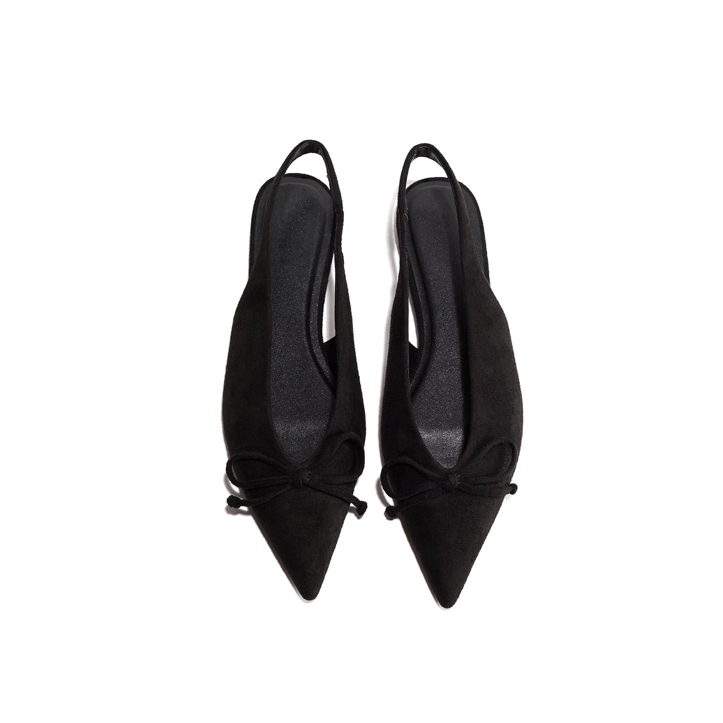Black Faux Suede Pointed-Toe Front Bow Slingback Flats