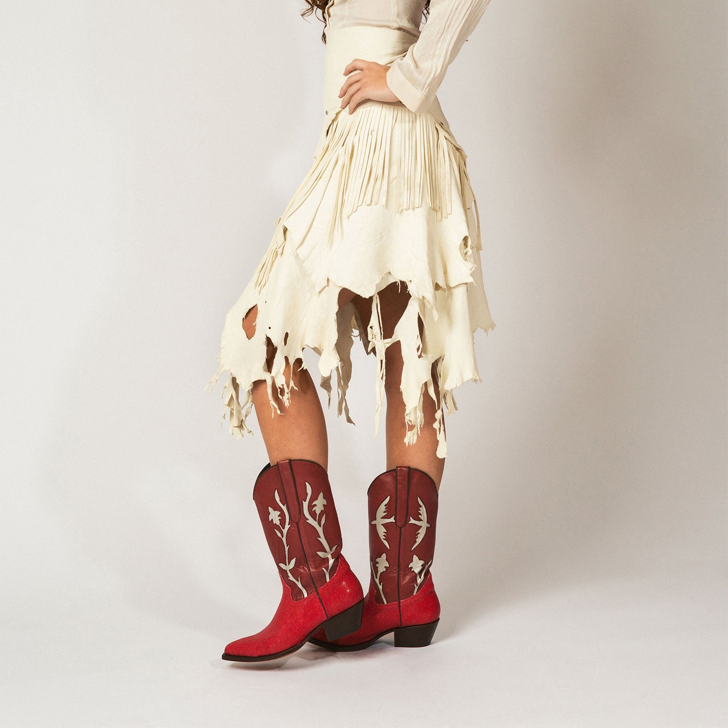 Contrast Red And Red Lizard Print Pointed-Toe Inlays Mid Calf Cowgirl Boots