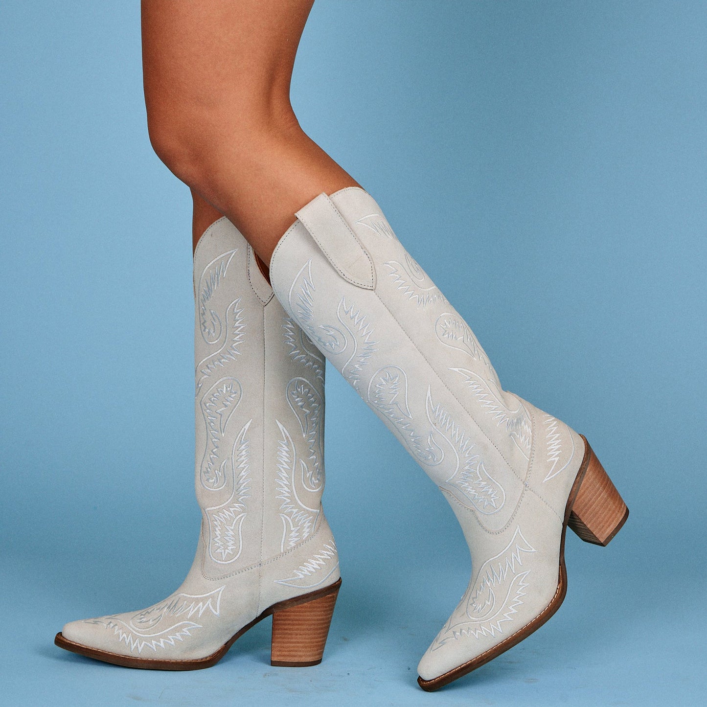 White Faux Suede Snip-Toe Lively Embroidery Wide Calf Knee High Cowgirl Boots