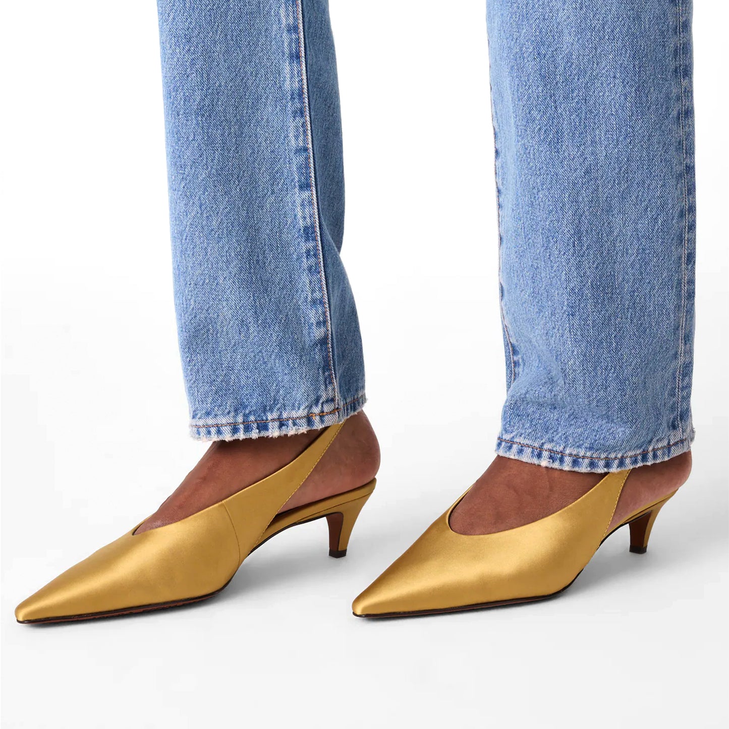 Olive Yellow Satin Pointed-Toe Slingback Slip-On Kitten Heels