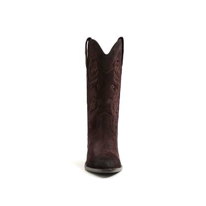 Coffee Faux Suede Almond-Toe Flowers Embroidery Mid Calf Cowgirl Boots
