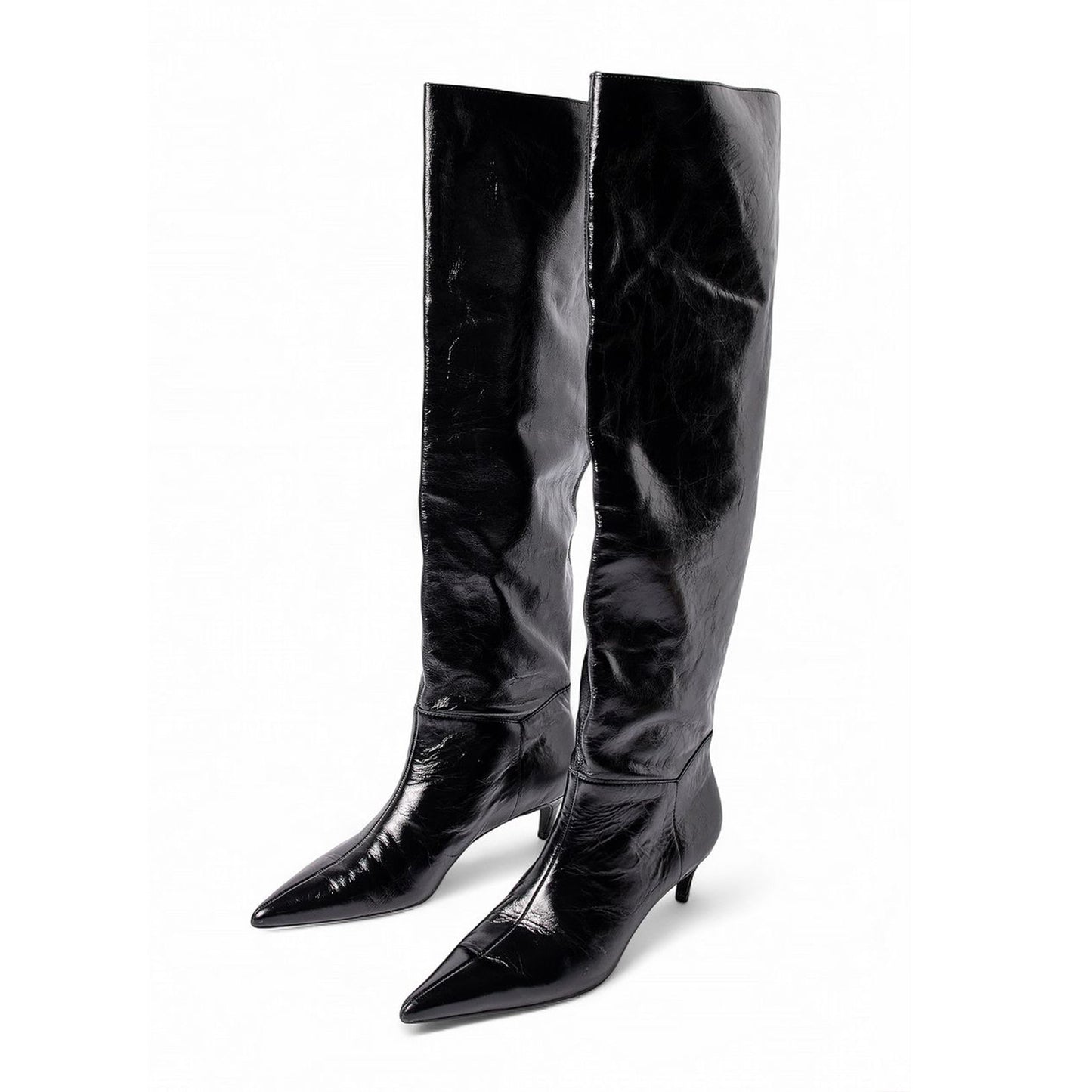 Black Pointed-Toe Slouchy Wide Calf Knee High Stiletto Boots