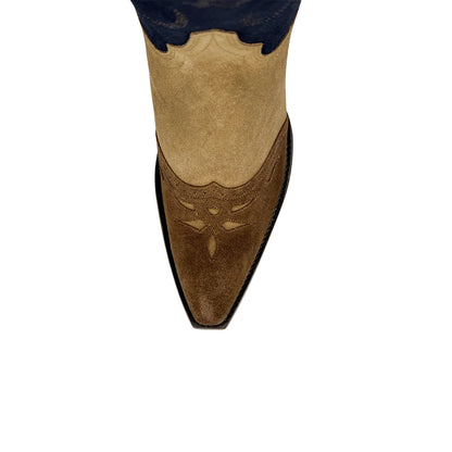 Contrast Tri-Color Faux Suede Snip-Toe Embroidery Mid Calf Cowgirl Boots