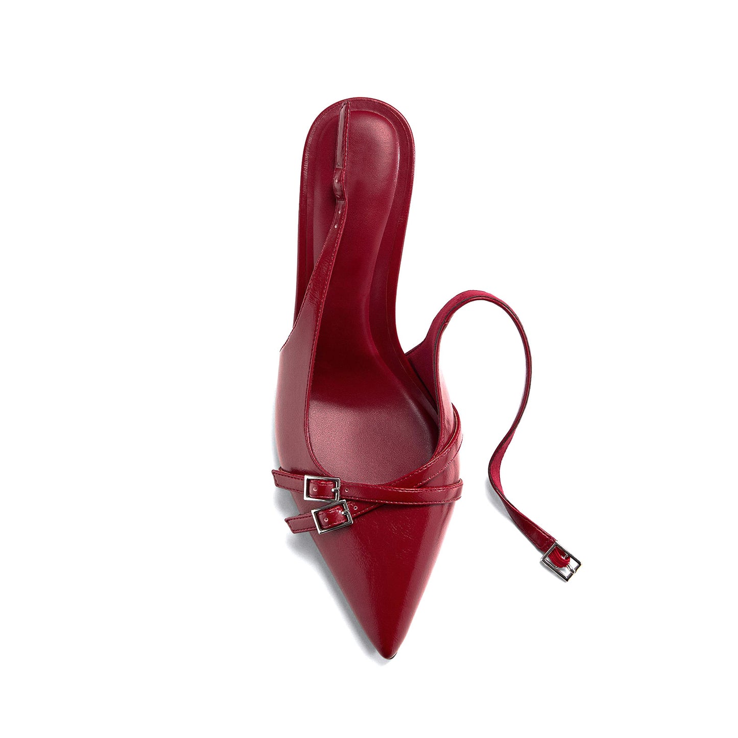 Red Pointed-Toe Front Double Buckle Straps And Back Strap Kitten Heels