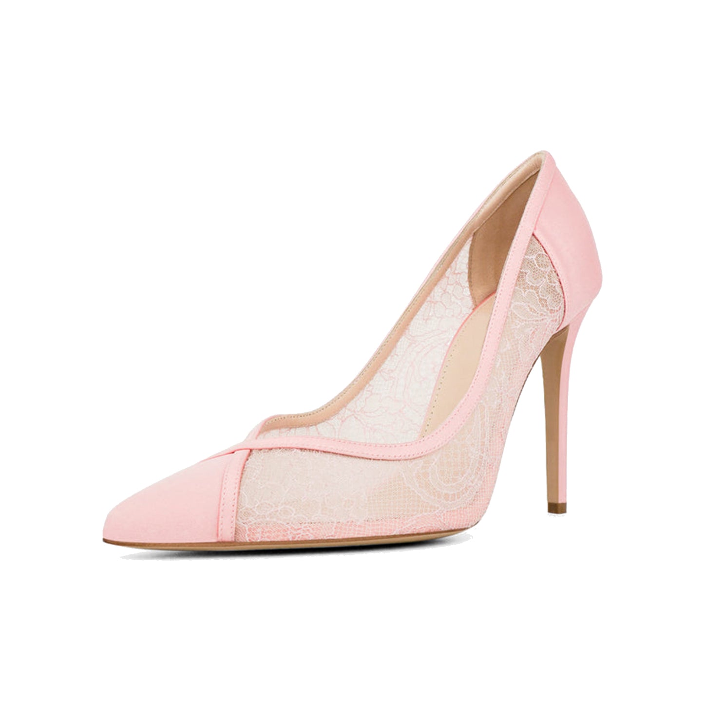 Pink Lace Mesh And Satin Pointed-Toe Slip-On Classic High Heels