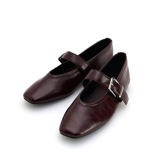 Maroon Square-Toe Bridge Strap Ballet Flats