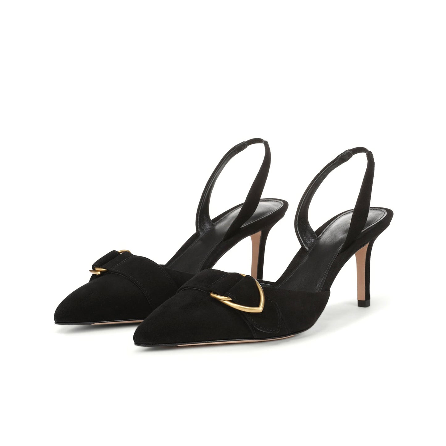 Black Faux Suede Pointed-Toe Front Gold D-Ring Strap Slingback Kitten Heels