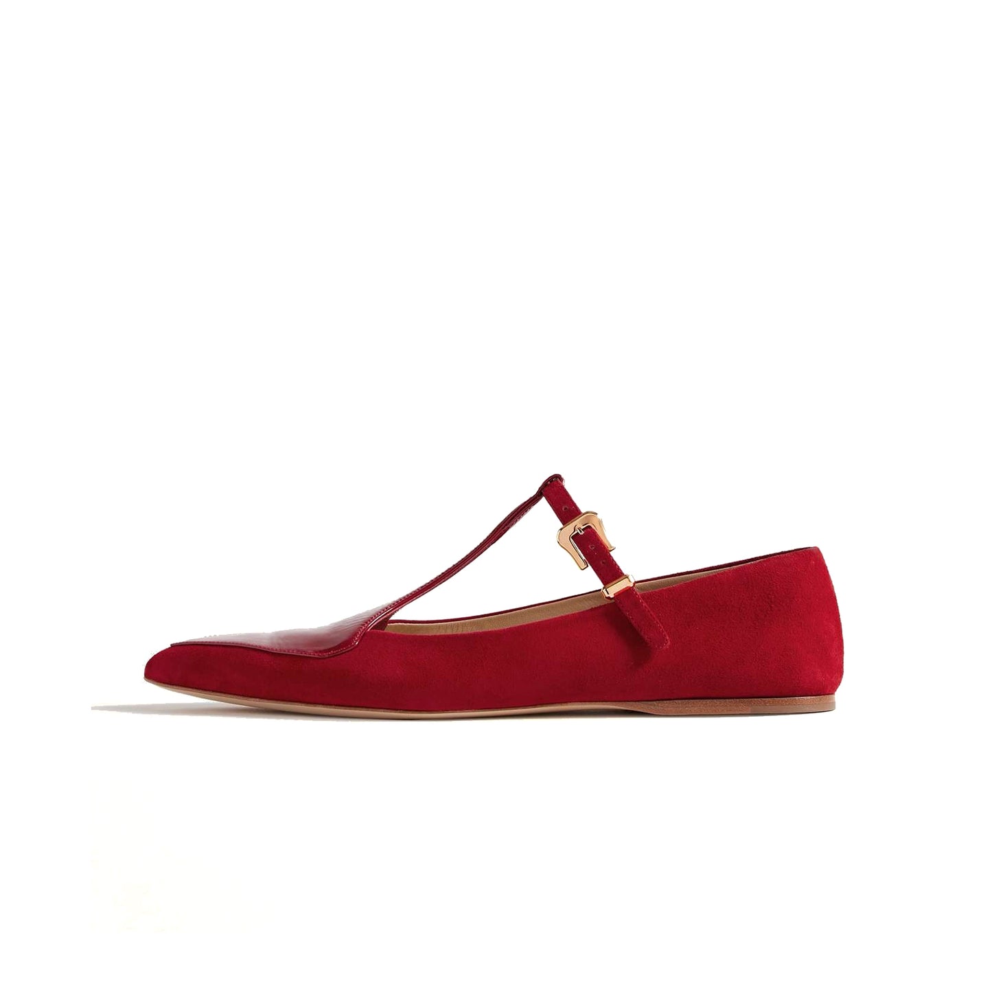 Red Contrast Patent Leather And Faux Suede Pointed-Toe Mary Jane Flats