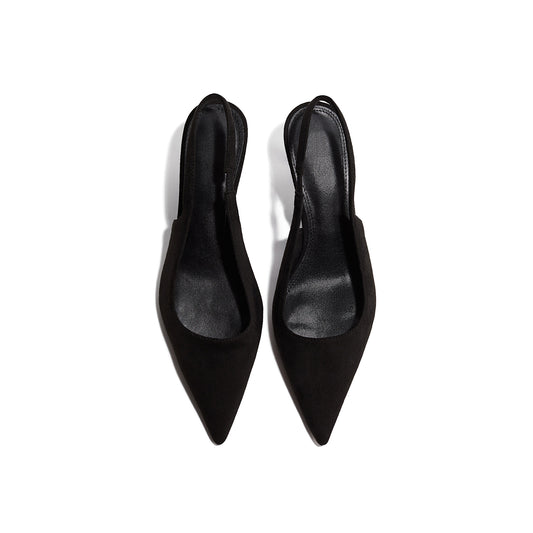 Black Faux Suede Pointed-Toe Slingback Slip-On Kitten Heels