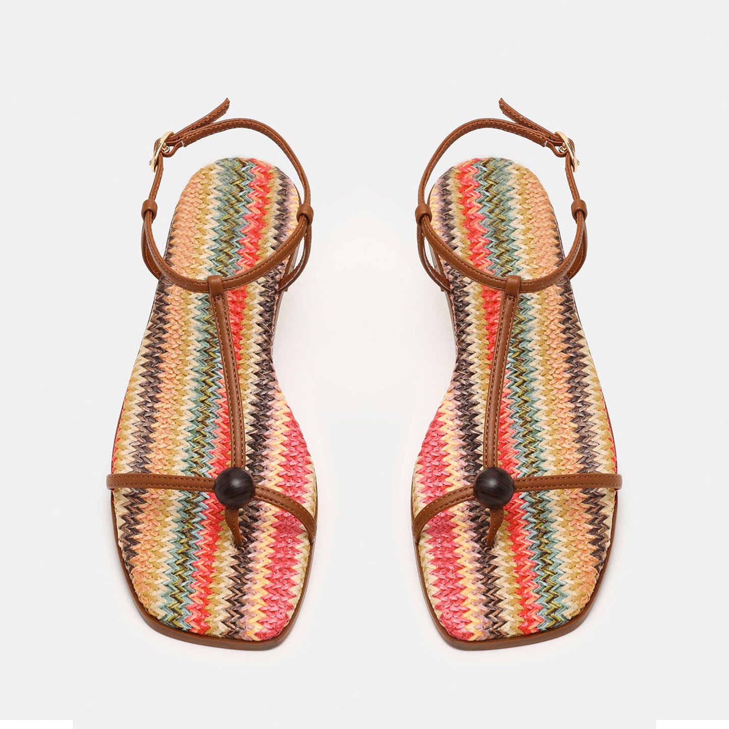 Brown And Multi-Color Square-Toe Strappy Ankle Strap Sandals Flats