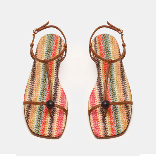 Brown And Multi-Color Square-Toe Strappy Ankle Strap Sandals Flats