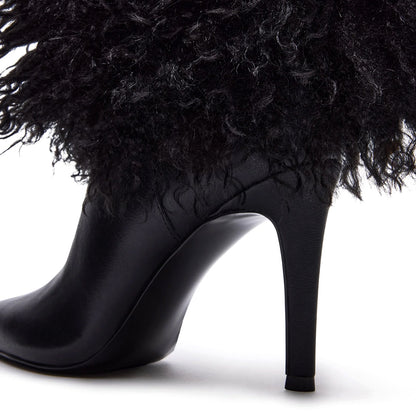 Black Pointed-Toe Full Plush Wide Calf Knee High Stiletto Boots